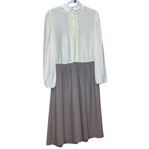 Vintage Jennifer Gee Womens Midi Dress Long Sleeve Lace Beige & Brown Polyester